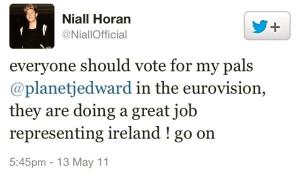 Niall Horan Tweets Eurovision Support For Jedward. Photograph Courtesy of Niall Horan Twitter