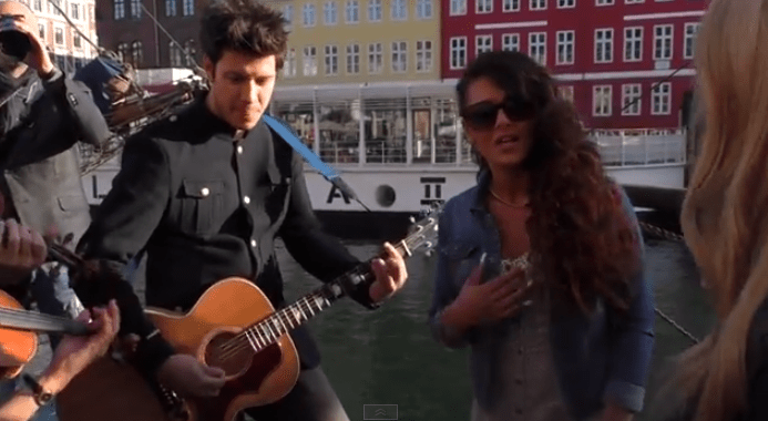 Can-Linn and Kasey go busking with Sebalter from Switzerland. Photo : Eurovision Ireland