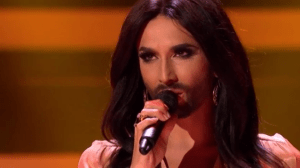 Conchita Wurst and the DR Big Bandet. Photo : Melodi Grand Prix YouTube