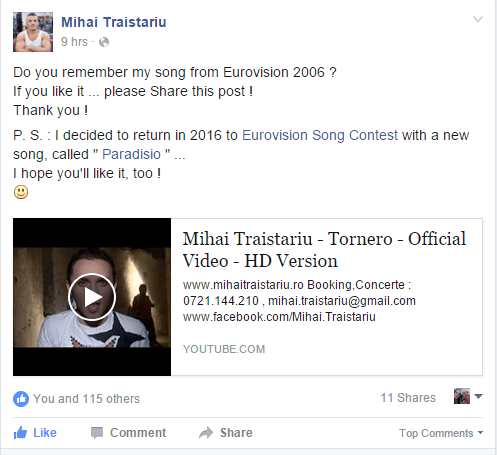 Mihai returns to ESC 2016